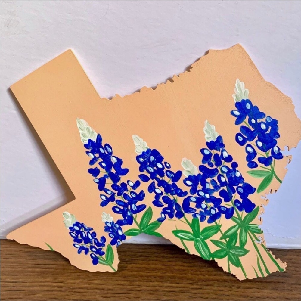 LARGE ART - Texas Shaped Wall Decor - Bluebonnets over Peach Rustic Texan Design